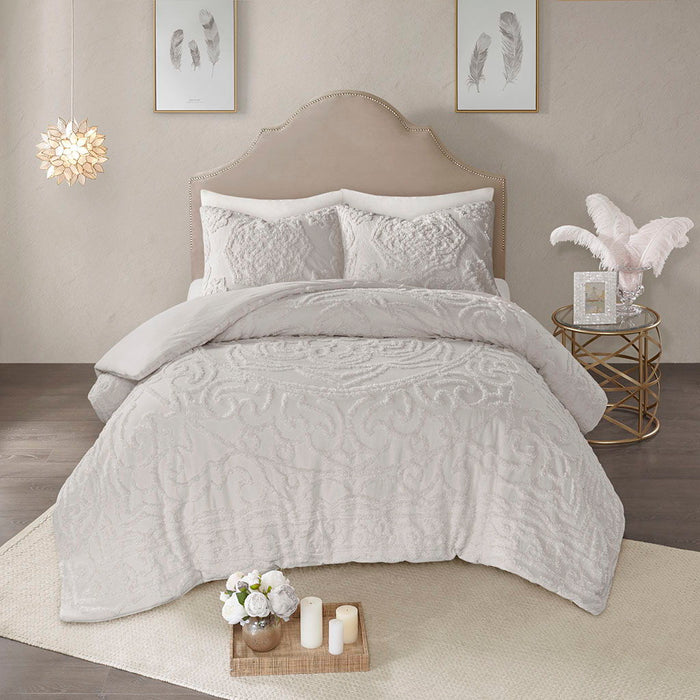 Laetitia - King 3 Piece Tufted Medallion Duvet Cover Set - Gray - Simple Home Plus