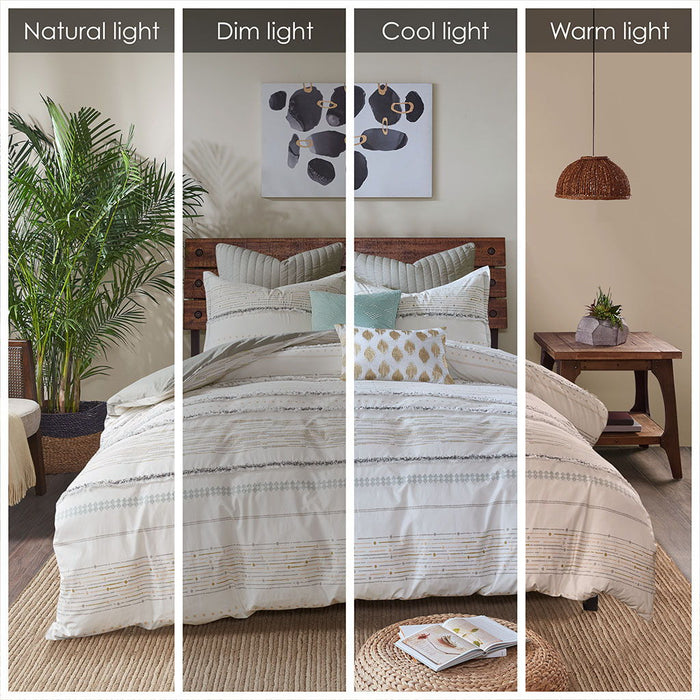 Nea - King Printed Comforter Set With Trims - Off White / Gray - Simple Home Plus