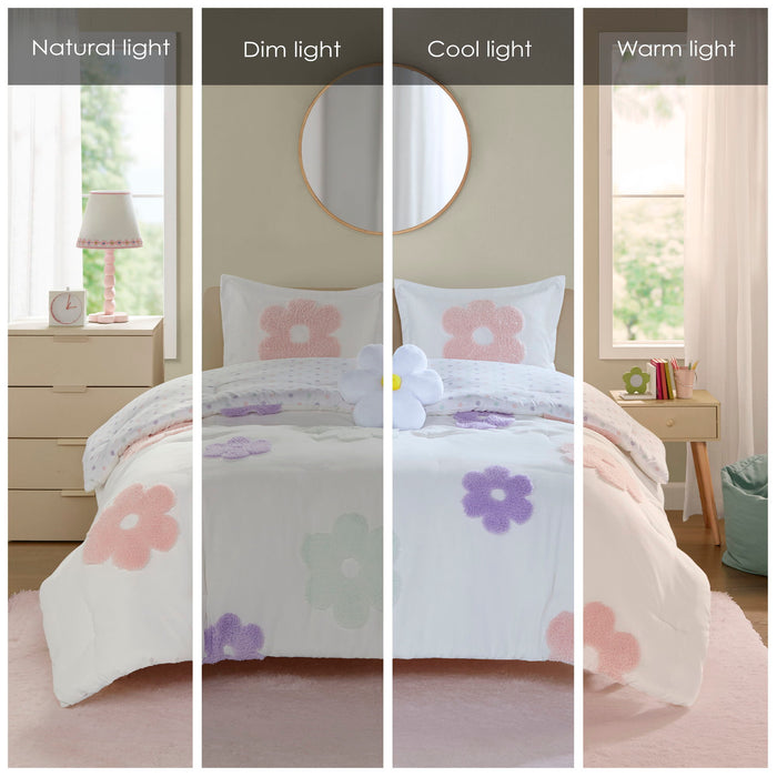 Gracie - Floral Reversible Tufted Chenille Comforter Set With Flower Throw Pillow - White / Purple - Simple Home Plus