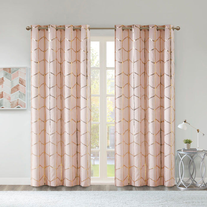 Raina - 63" Total Blackout Metallic Print Grommet Top Curtain Panel - Blush / Gold - Simple Home Plus