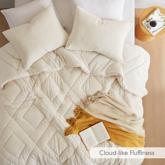 Kyla - King/California King Double Diamond Quilted Teddy Comforter Set - Ivory - Simple Home Plus