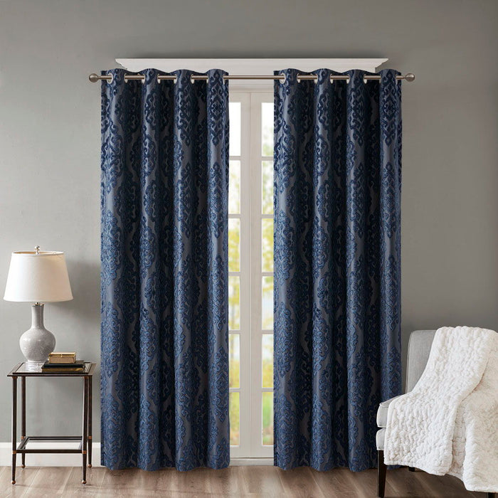 Mirage - 95" Knitted Damask Total Blackout Grommet Top Curtain Panel - Navy - Simple Home Plus