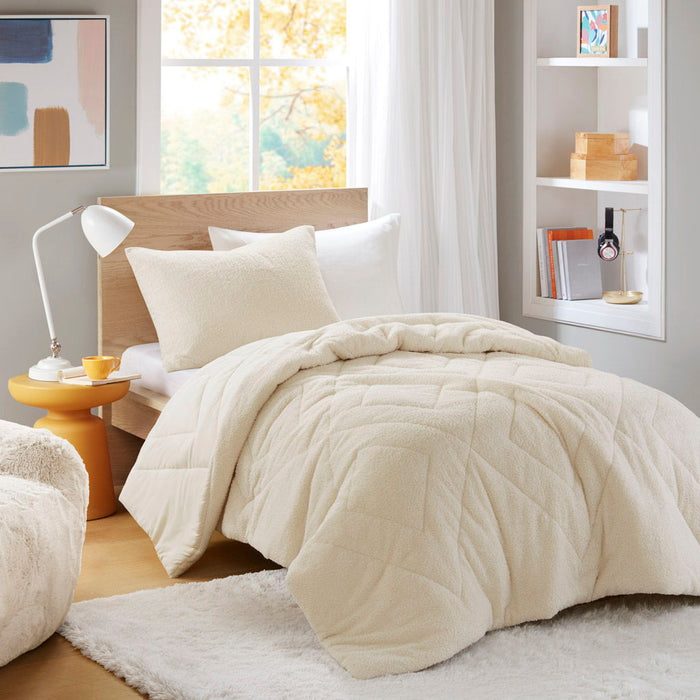 Kyla - Twin/Twin Long Double Diamond Quilted Teddy Comforter Set - Ivory - Simple Home Plus