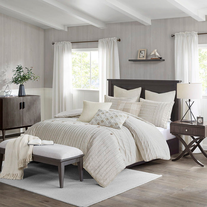 Essence - Oversized Cotton Clipped Jacquard Comforter Set With Euro Shams and Throw Pillows - Ivory - Simple Home Plus