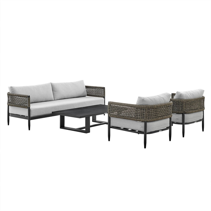 Alegria - 4 Piece Outdoor Black Aluminum & Rope Conversation Set With Light Gray Fabric Cushions - Simple Home Plus