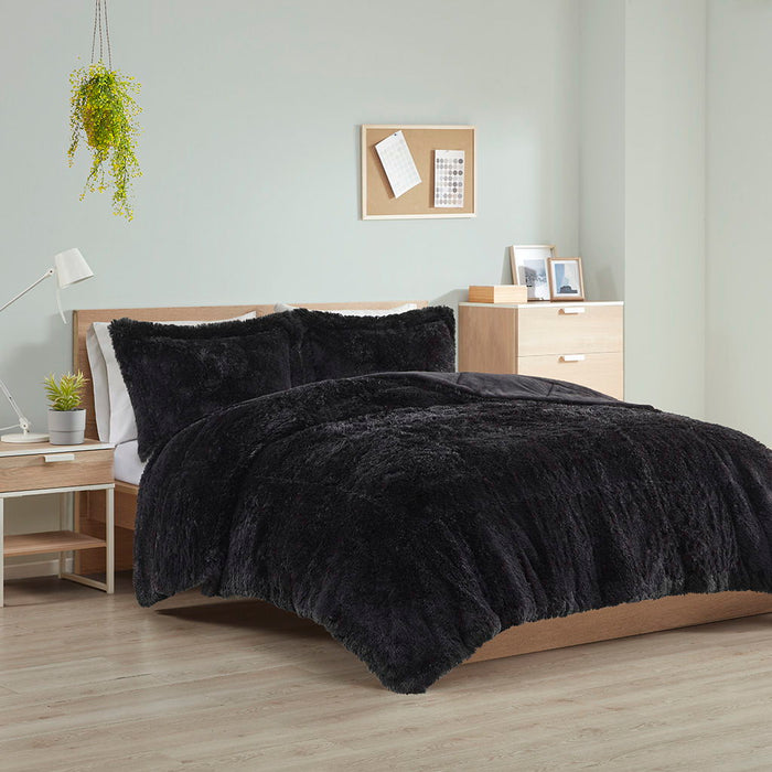 Malea - Twin Shaggy Long Comforter Mini Set - Black - Simple Home Plus