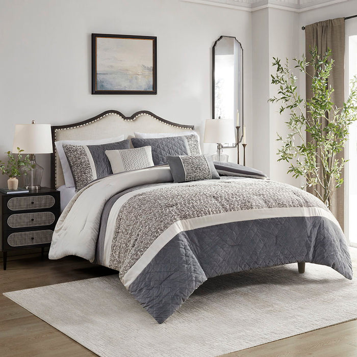 Amelia - 5 Piece Jacquard Stripe Comforter Set With Throw Pillows - Gray - Simple Home Plus