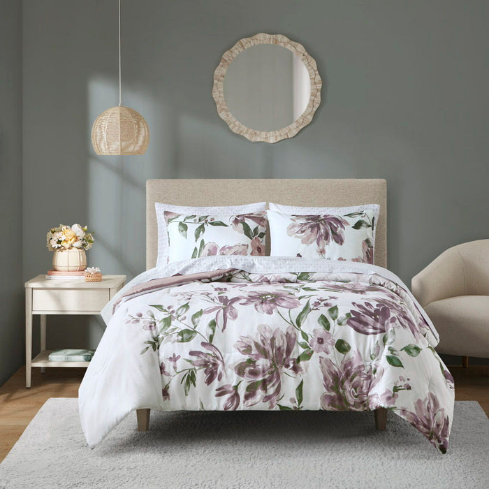 Alice - King Floral Comforter Set With Bed Sheets - Mauve