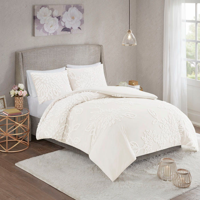 Veronica - King 3 Piece Tufted Floral Duvet Cover Set - Off White - Simple Home Plus