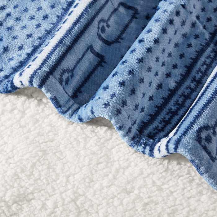 Print Plush to Sherpa - Heated Throw - Blue Cozy Sheep