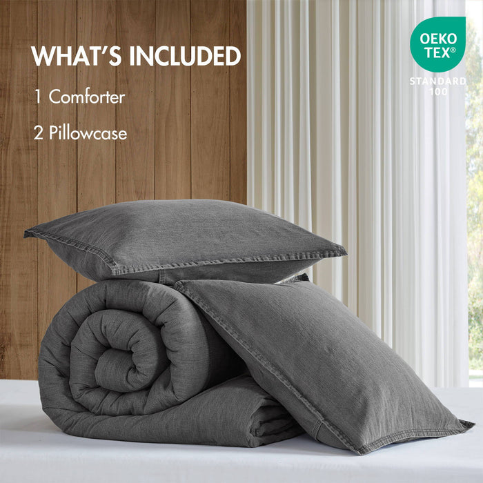 Mckenzie - 3 Piece Full/Queen Twill Washed Comforter Set - Gray - Simple Home Plus