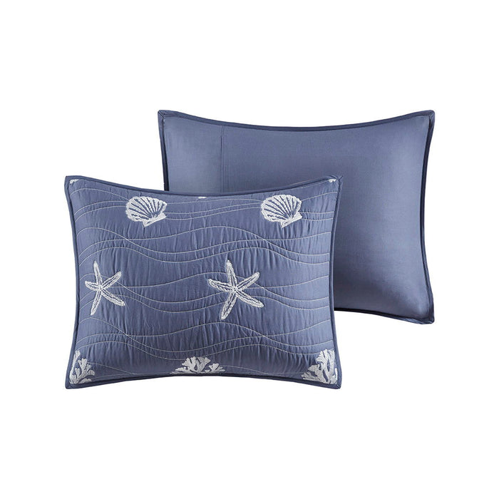 Seaside - 4 Piece Full Cotton Reversible Embroidered Quilt Set With Throw Pillow - Navy