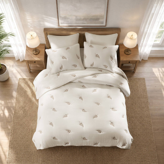 Willow Embroidered Botanical - Full/Queen 100% Cotton Lightweight 3 Piece Quilt Set - White / Gray