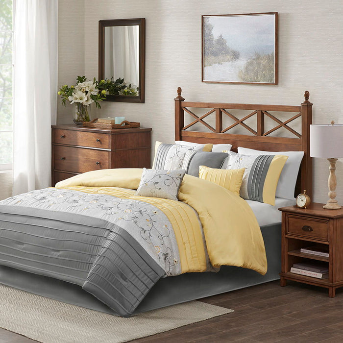 Serene - Queen Embroidered Piece Comforter (Set of 7) - Yellow - Simple Home Plus
