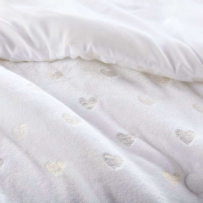 Rosalie - 4 Piece Full/Queen Metallic Printed Plush Comforter Set With Throw Pillow - White/Gold - Simple Home Plus