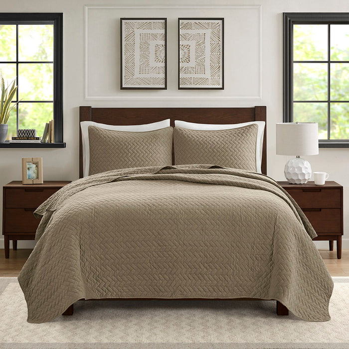 Velvet Touch - Queen 3 Piece Luxurious Oversized Quilted Coverlet Set - Taupe
