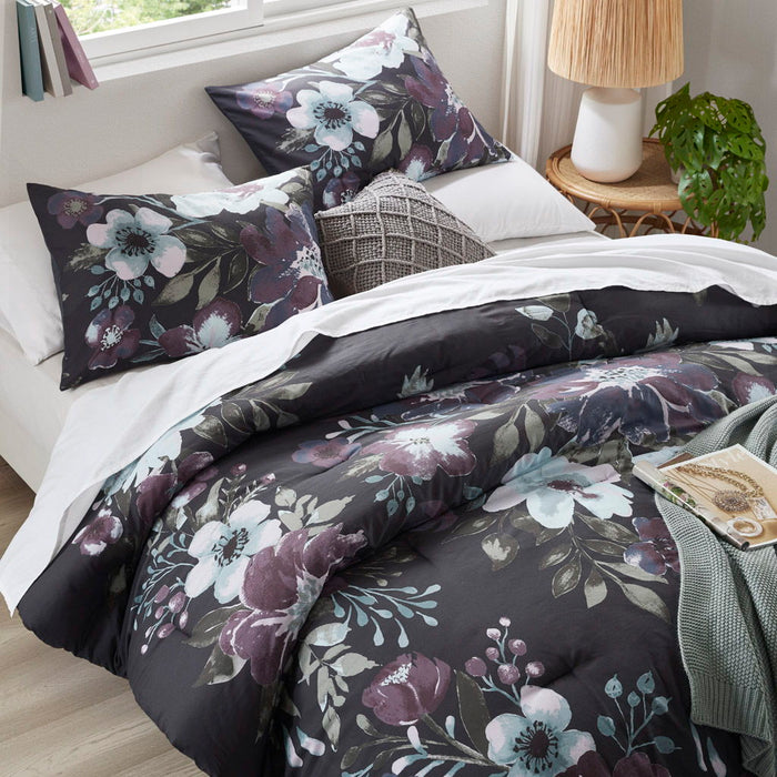Jolene - 3 Piece King/California King Printed Comforter Set - Dark Gray/Plum - Simple Home Plus