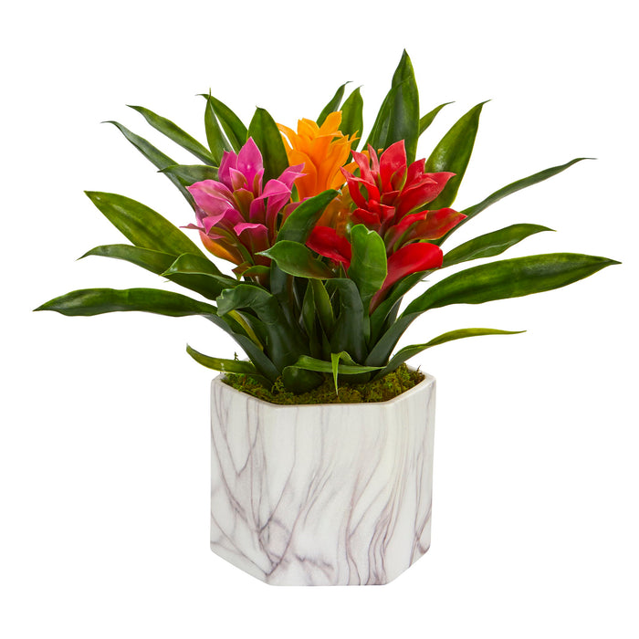11" Bromeliad Artificial Plant in Marble Finished Vase