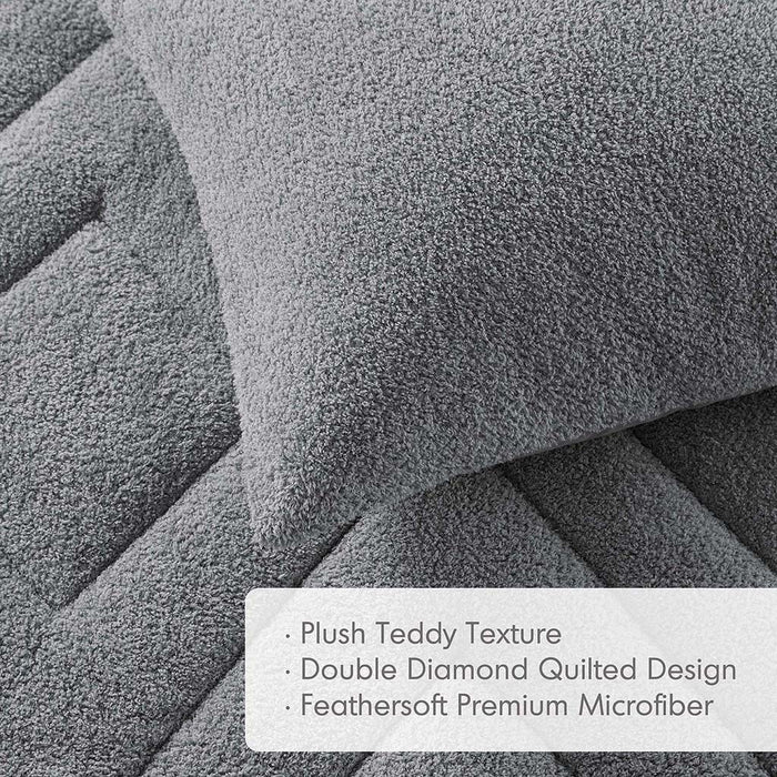 Kyla - King/California King Double Diamond Quilted Teddy Comforter Set - Gray - Simple Home Plus