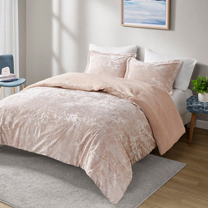 Mira - Crushed Velvet Sherpa Reversible Comforter Set - Blush - Simple Home Plus