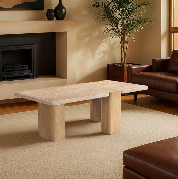 Ravenna - Genuine Fabric Travertine And Oak Wood Table - Simple Home Plus