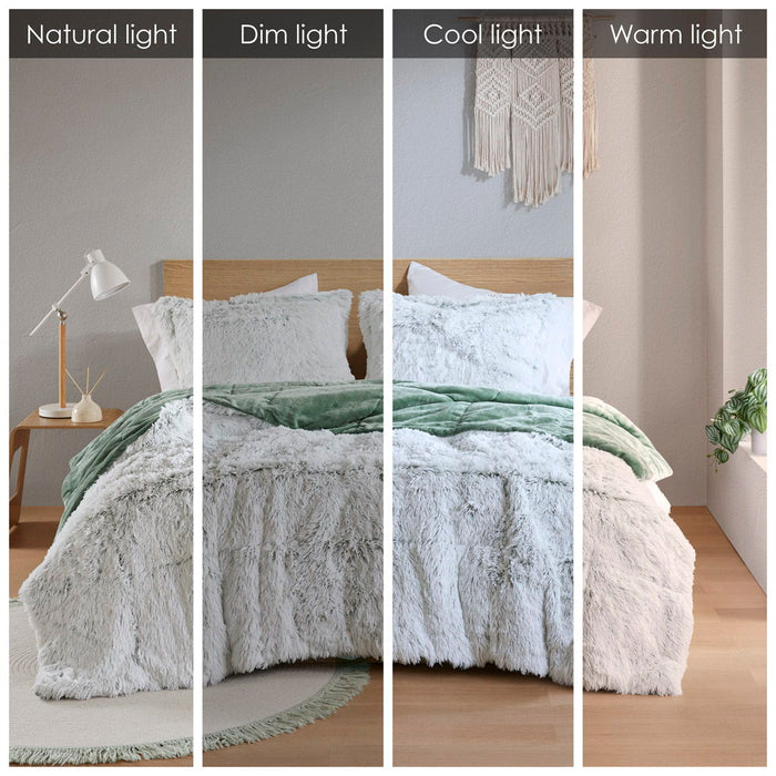 Malea - 3 Piece Full/Queen Shaggy Comforter Mini Set - Green/White - Simple Home Plus