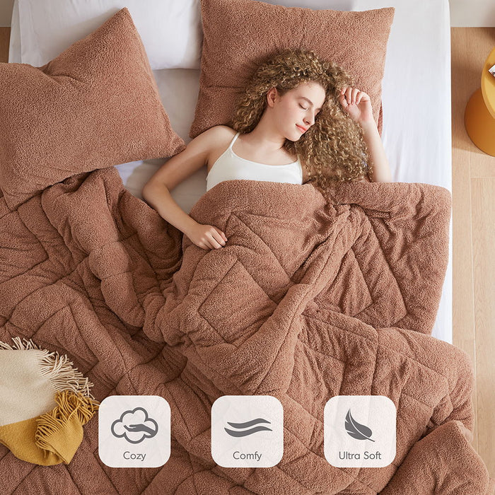 Kyla - Twin/Twin Long Double Diamond Quilted Teddy Comforter Set - Brown - Simple Home Plus