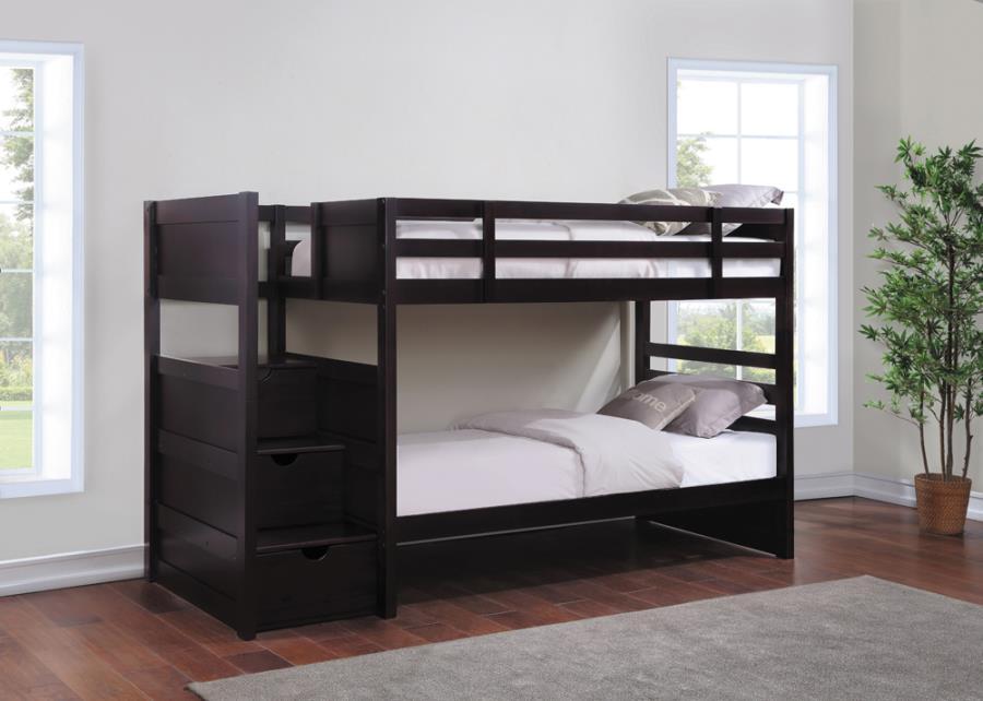 Elliott - Twin Over Twin Stairway Bunk Bed - Cappuccino - Simple Home Plus
