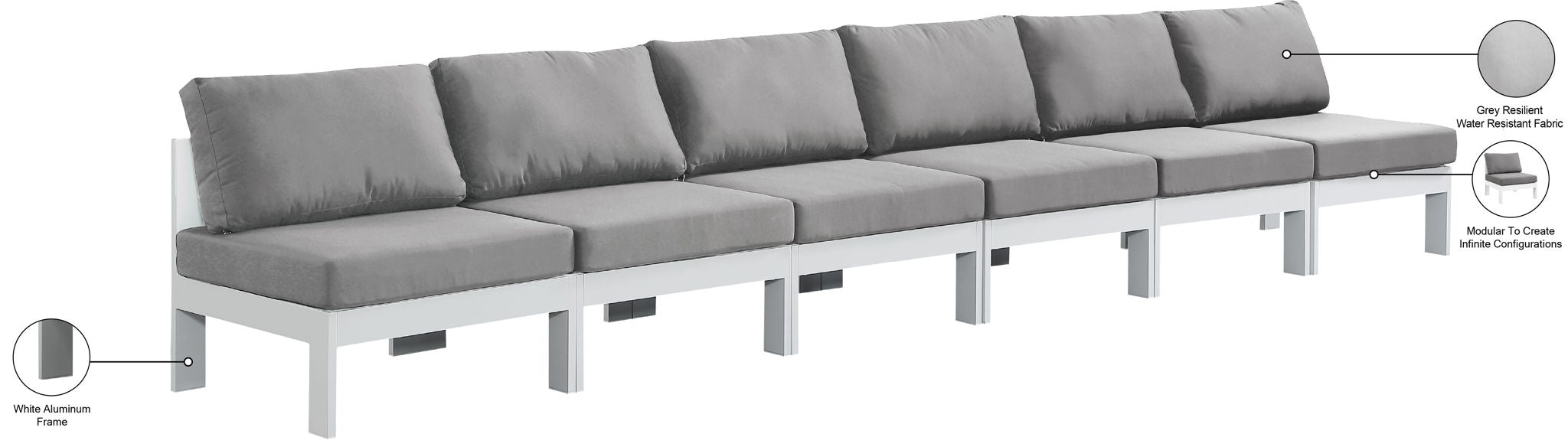 Nizuc - Outdoor Patio 6 Seat Armless Modular Sofa With White Frame