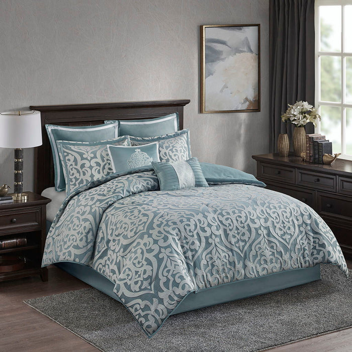 Odette - 8 Piece Jacquard Comforter Set - Aqua/Silver - Simple Home Plus