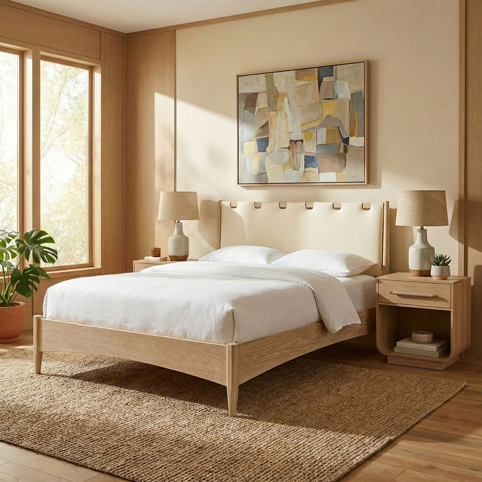 Santos - Vegan Leather Headboard And Wood Bed - Waxed Natural Frame - Simple Home Plus