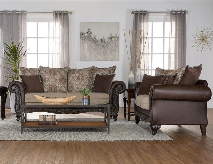 Elmbrook - Upholstered Rolled Arm Sofa Set With Intricate Wood - Simple Home Plus