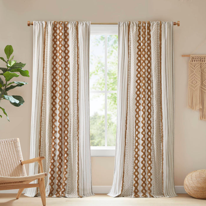 Imani - Printed Curtain Panel With Chenille Stripe And Lining - Terracotta