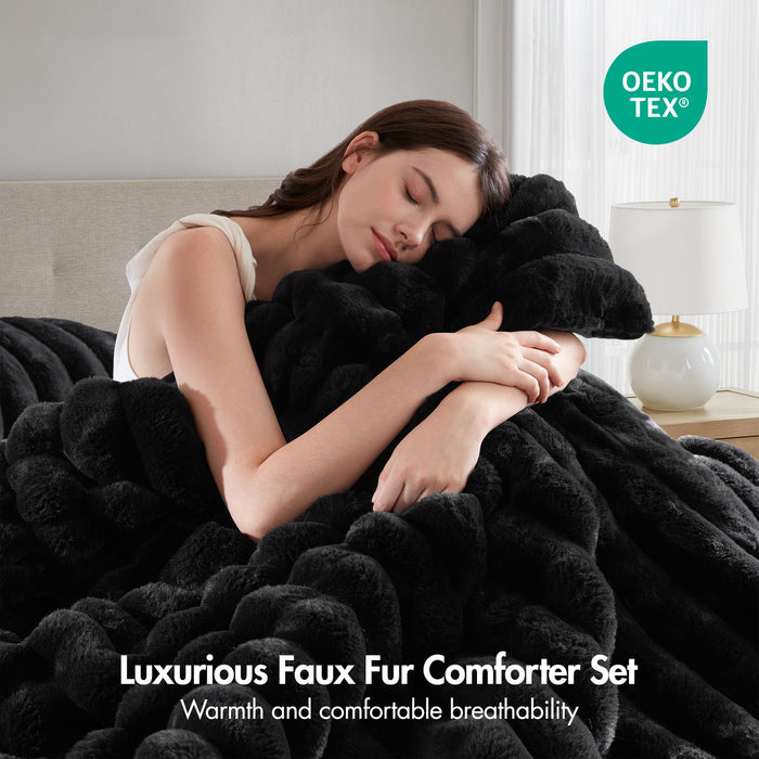 Jasmine - 3 Piece Full/Queen Ultrasoft Ribbed Comforter Set - Black - Simple Home Plus