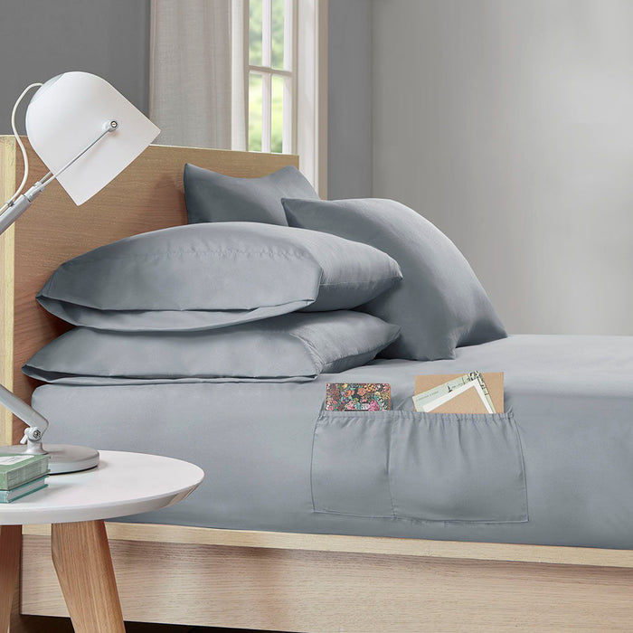 Microfiber - Twin Sheet Set With Side Storage Pockets - Gray - Simple Home Plus