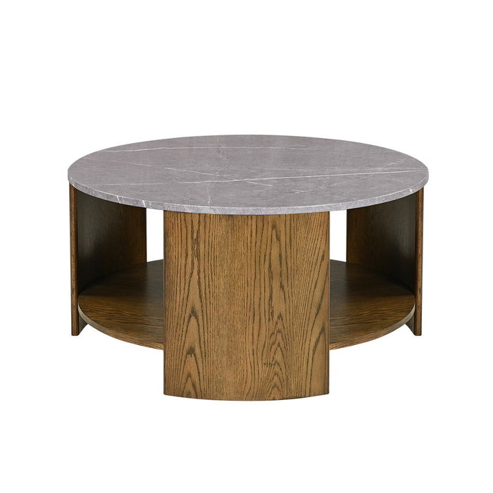 Keegan - Round Mixed Material Coffee Table With Shelf - Oak / Marble - Simple Home Plus