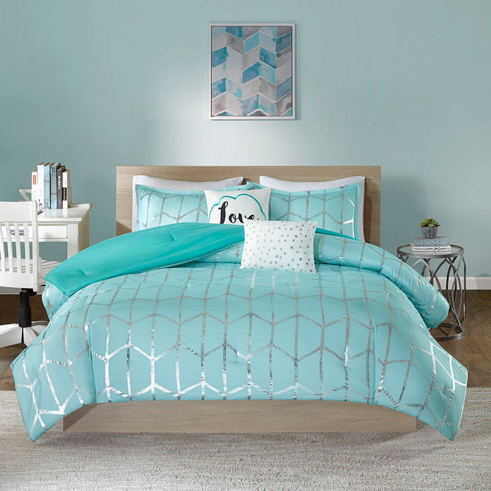 Raina - Metallic Printed Comforter Set - Aqua / Silver - Simple Home Plus