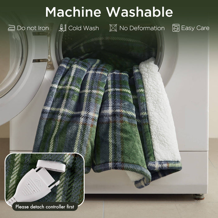 Print Plush To Sherpa - 50X60" Heated Throw - Green Plaid - Simple Home Plus
