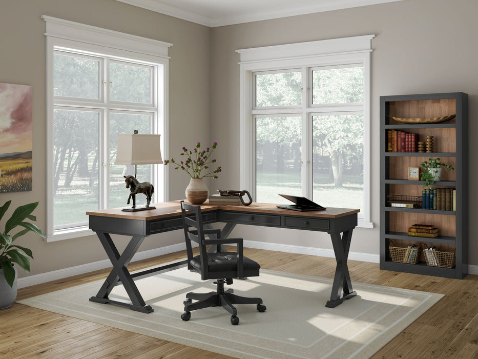 Wildenauer - Brown / Black - 4 Pc. - Home Office Desk And Return, Swivel Desk Chair, Bookcase - Simple Home Plus