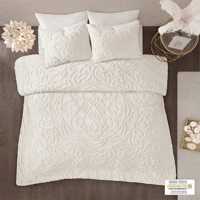 Laetitia - King 3 Piece Tufted Medallion Duvet Cover Set - Off White - Simple Home Plus