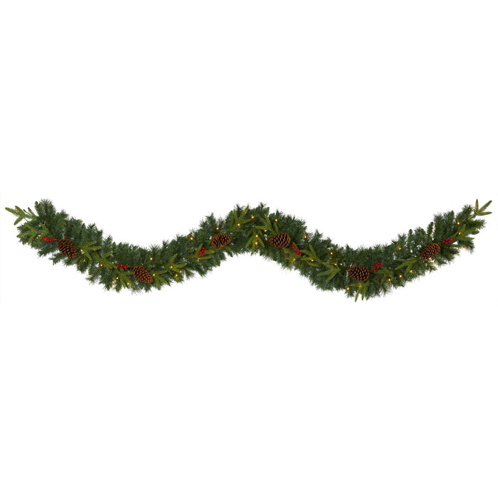 9 Mixed Pine Xmas Garland w/50 LEDs, Berries and Pinecones