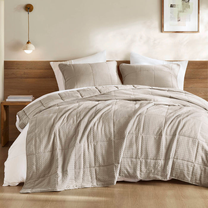 Mina - Full/Queen Waffle Weave Textured Quilt Set - Neutral - Simple Home Plus