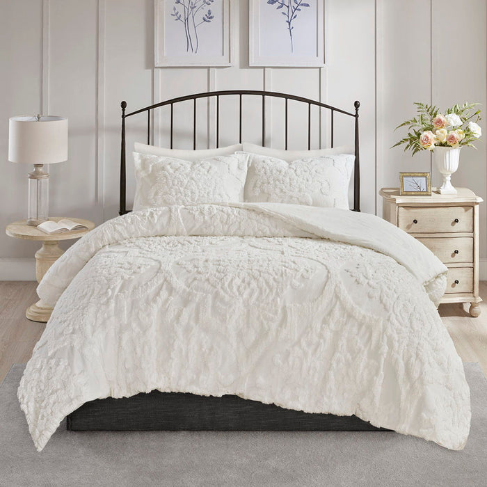 Viola - 3 Piece Tufted Damask Comforter Set - Off White