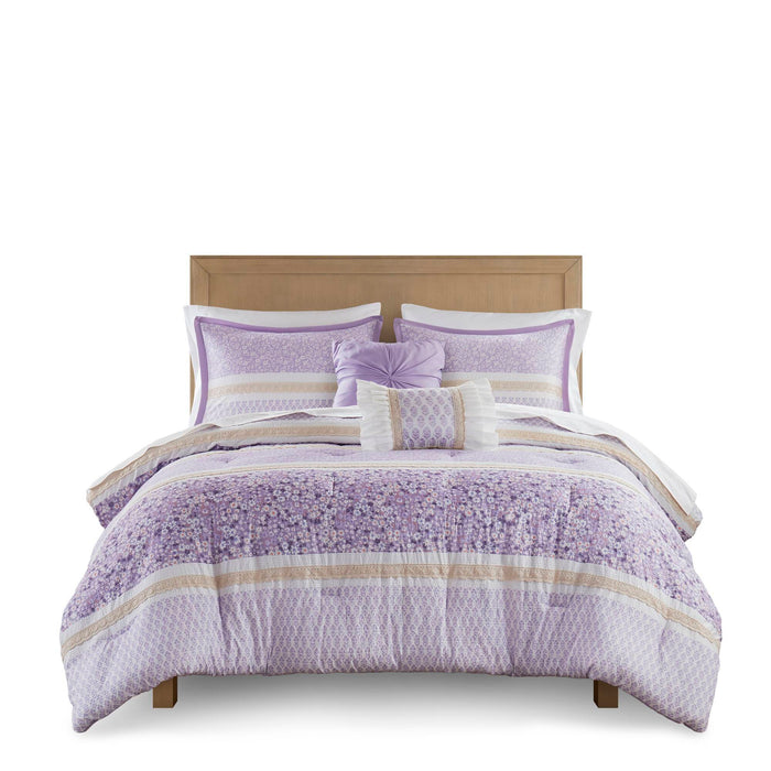 Caralie - 5 Piece Seersucker Comforter Set With Throw Pillows - Purple - Simple Home Plus