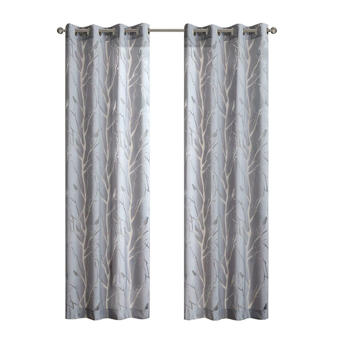 Averil - 63" Grommet Top Sheer Bird On Branches Burnout Window Curtain - Gray - Simple Home Plus
