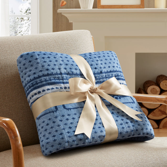 Print Plush to Sherpa - Heated Throw - Blue Cozy Sheep