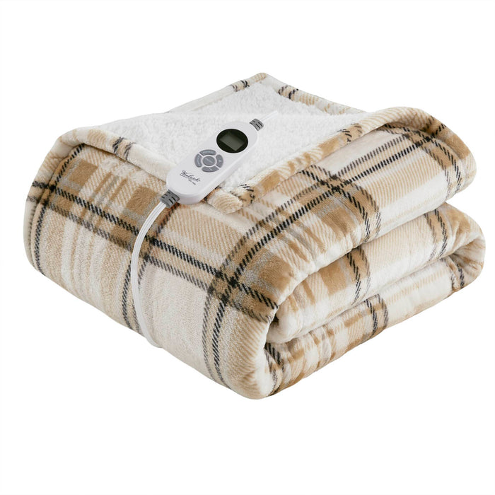 Print Plush To Sherpa - 50X60" Heated Throw - Tan Plaid - Simple Home Plus