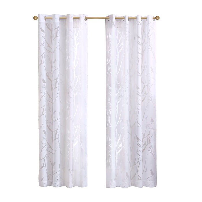 Averil - 63" Grommet Top Sheer Bird On Branches Burnout Window Curtain - White - Simple Home Plus