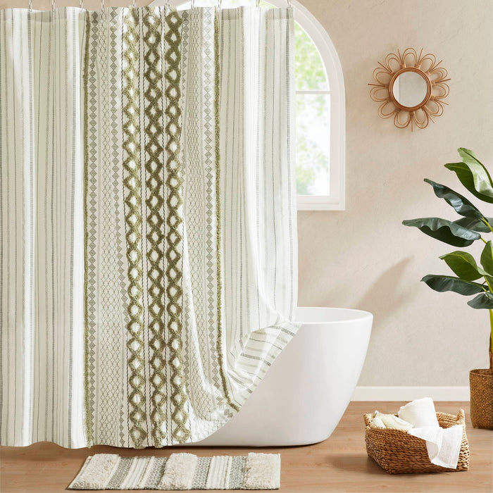 Imani - Printed Shower Curtain With Chenille - Sage