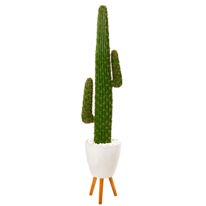 5.5' Cactus Artificial Plant in White Planter with Stand